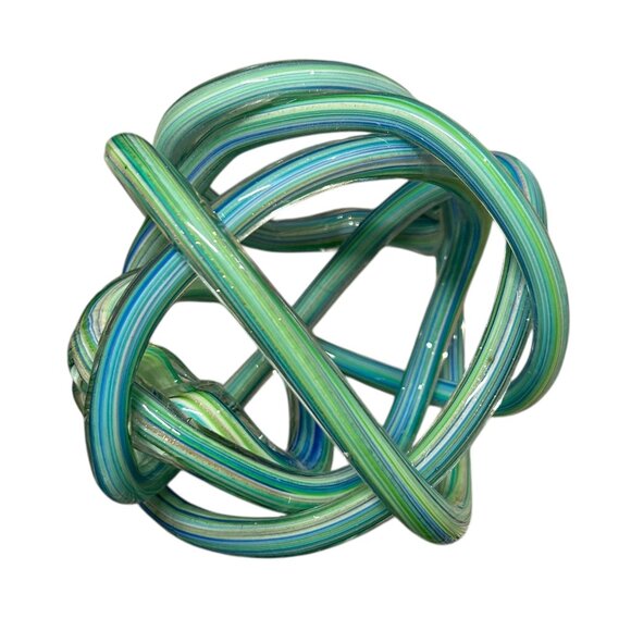Beautiful Hand Blown Blue Green Turquoise Metallic Glass Endless Knot Sculpture - Picture 7 of 10